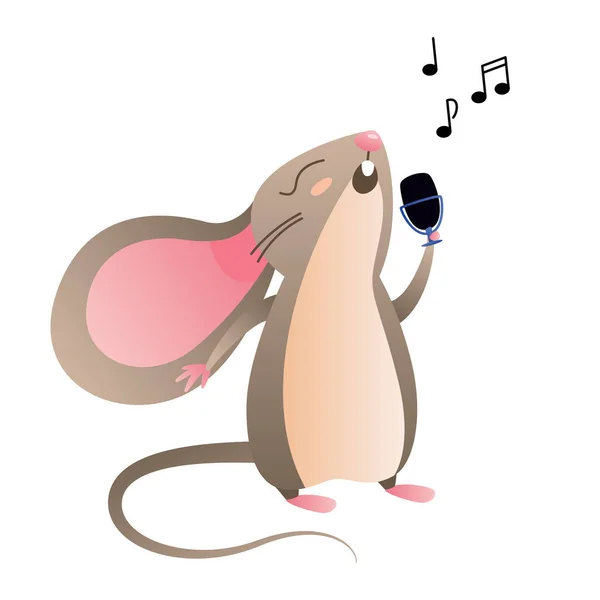 マイクに漫画の灰色のマウスの歌 平型のグラデーションで描かれたキャラクターのベクトルイラスト — ストックベクタ