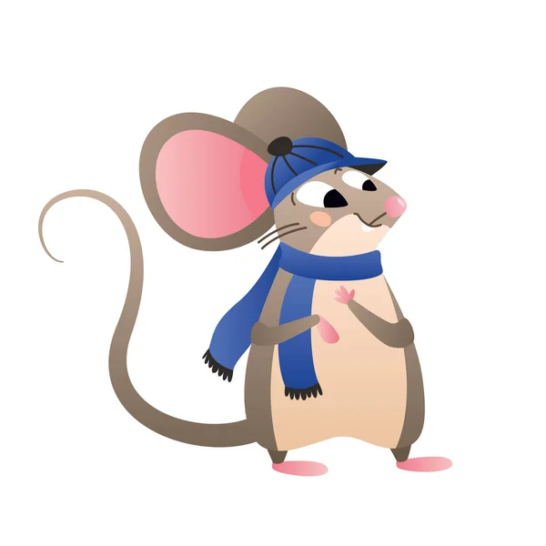 青いベレー帽とスカーフを着た漫画の灰色のマウス 平面でのげっ歯類のキャラクターのベクトルイラスト — ストックベクタ