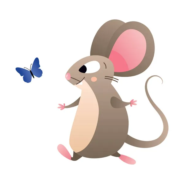 青い蝶の後を実行している漫画の茶色のマウス 平型のグラデーションで描かれたキャラクターのベクトルイラスト — ストックベクタ