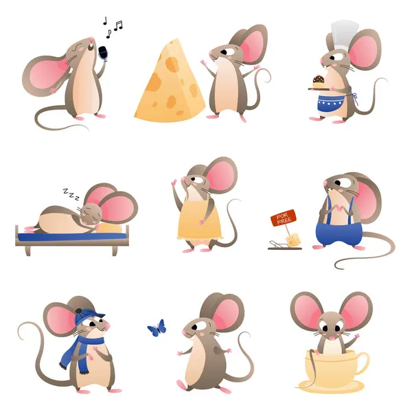 異なるポーズや画像の茶色のマウスのベクトルセット 平文のおとぎ話の登場人物のイラスト — ストックベクタ