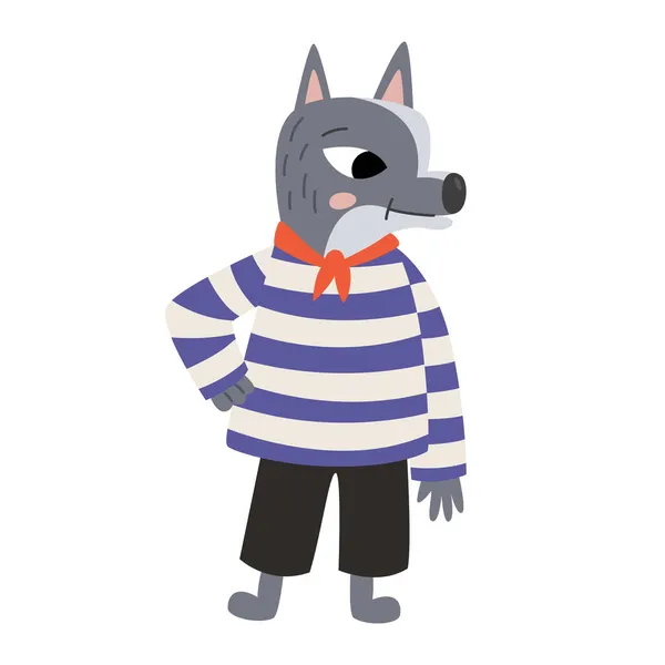 Gray Cartoon Wolf Image Sailor Vest Vector Illustration Character Wild — Stock Vector