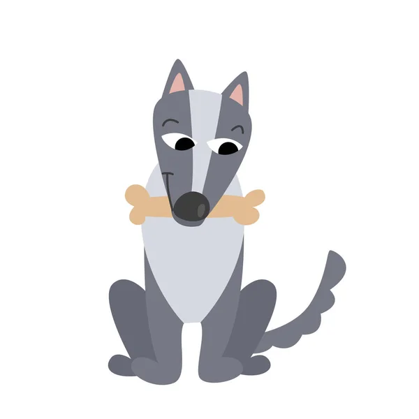 Gray Cartoon Wolf Sits Bone Paste Vector Illustration Character Wild — Stock Vector
