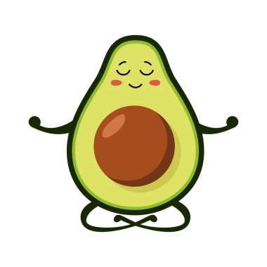 Yeşil avokado karakteri lotus pozisyonunda oturuyor ve meditasyon yapıyor. Sağlıklı yemek ve spor. Vektör düz resimleme