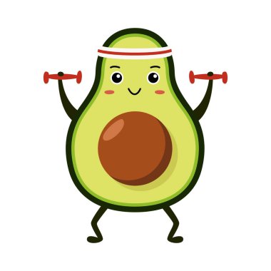 Yeşil avokado karakteri halterli spora gider. Sağlıklı yemek ve spor. Düz karakterin vektör illüstrasyonu