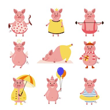 Pembe domuzlu vektör ayarlandı. Şirket logosu ya da neşeli karakterli simgeler. Domuz kumbarası