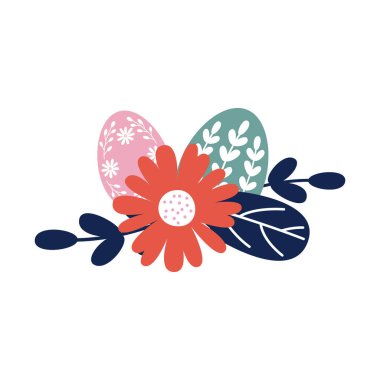 Paskalya pembesi ve yapraklı yeşil yumurta. Vektör illüstrasyon düzlüğü