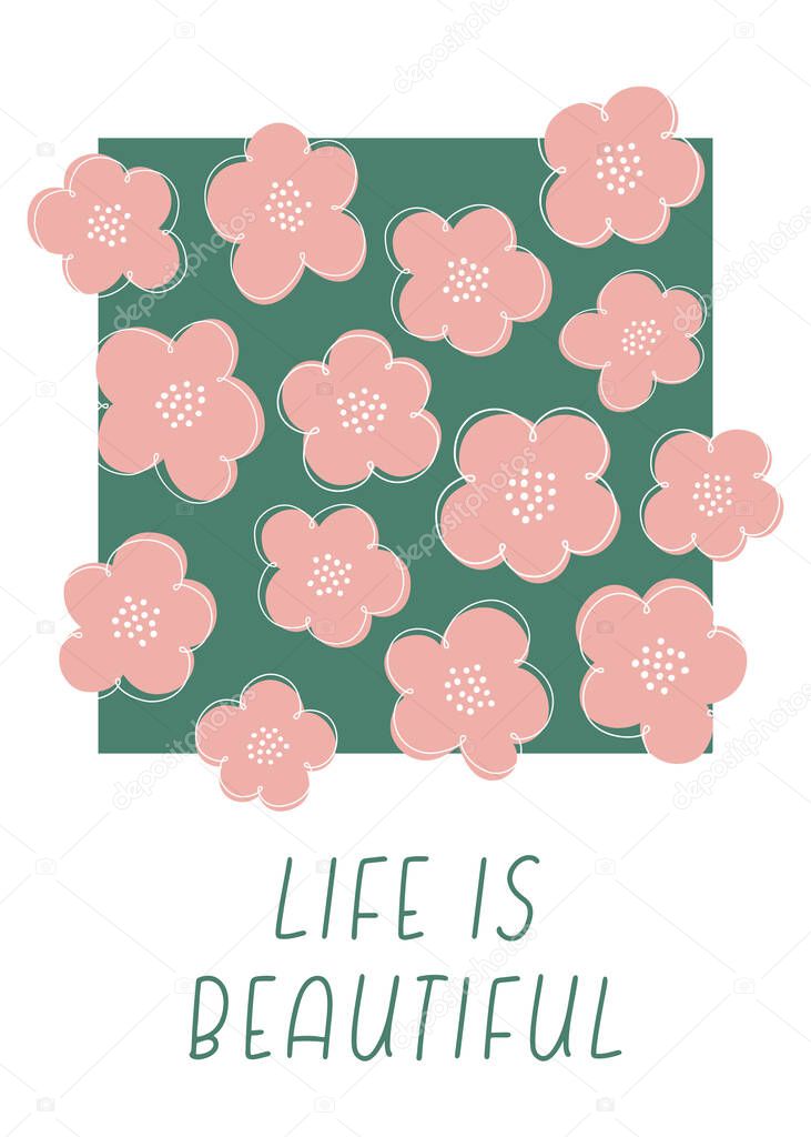 Modern postcard with vintage vector groovy flowers. Playful pink flowers silhouettes on poster. Greeting card, banner, stationery and covers