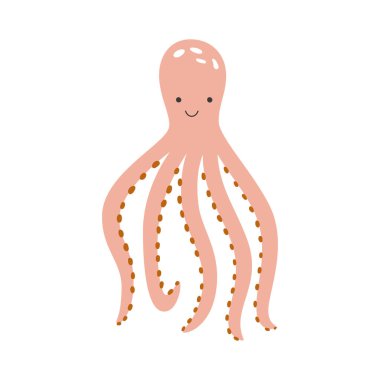 Dokunaçları elle çizilmiş sevimli pembe ahtapot. İzole edilmiş deniz hayvanlarının vektör çizimi