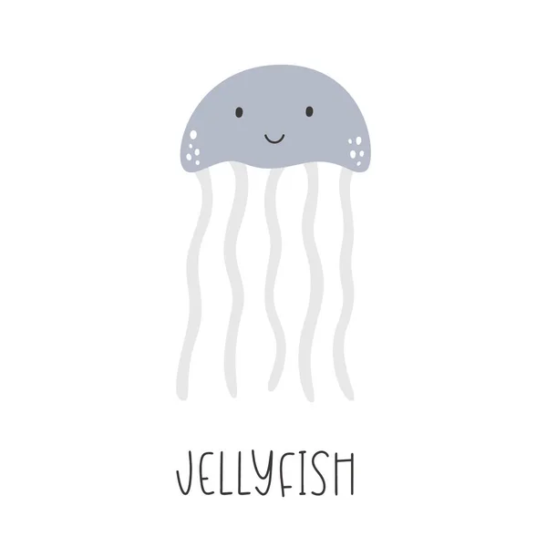 Cute Blue Jellyfish Hand Drawn Sea Animal Vector Illustration Underwater — Stock Vector