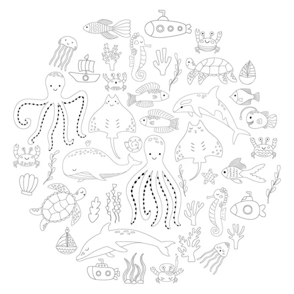 Set of doodles of animals and plants of the underwater world for coloring. Vector illustration of corals and boats. Collection of sea fish in outline