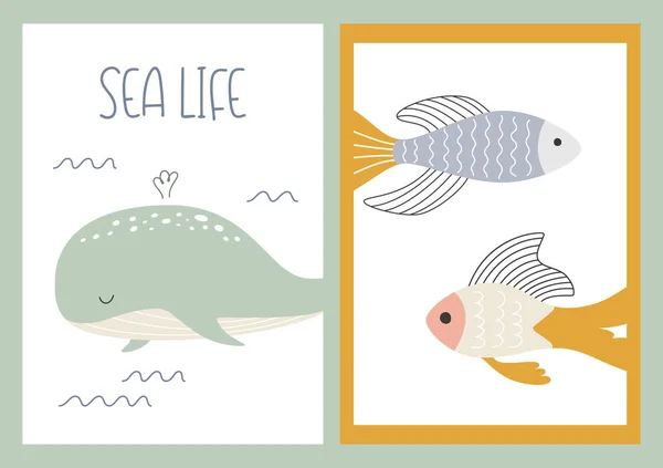 收集与海洋动物有关的海洋海报 明信片上的病媒鱼和海鲸 孩子的例子 矢量说明 — 图库矢量图片