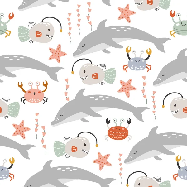 Marine Seamless Pattern Underwater Animals Repeating Wild Fish Print Kids — Wektor stockowy