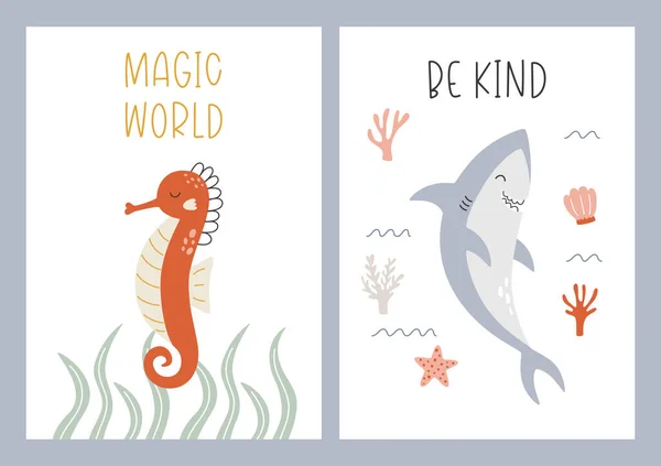 Sada Plakátů Roztomilými Podmořskými Zvířaty Vektorová Ilustrace Mořských Koní Žraloka — Stockový vektor