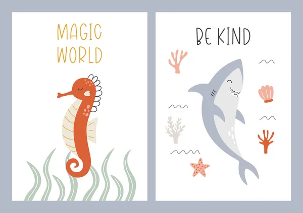 Set of posters with cute underwater animals. Vector illustration of seahorse fish and shark on postcard