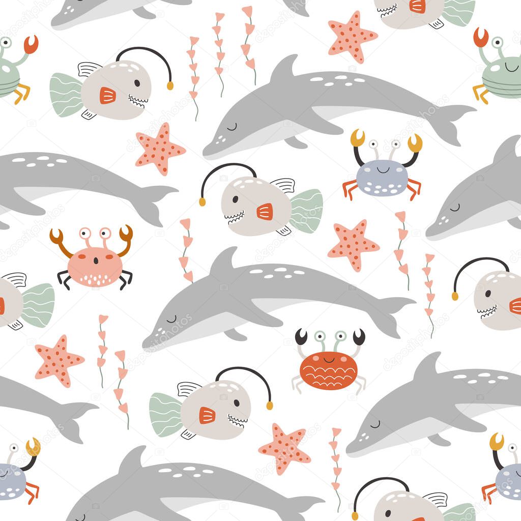 Marine seamless pattern with underwater animals. Repeating wild fish print for kids apparel