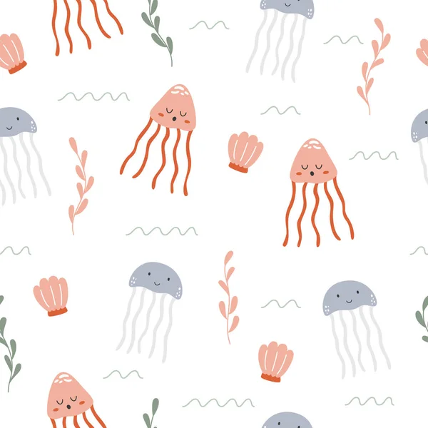 Ocean Seamless Pattern Cute Jellyfish Vector Repeating Flat Print Kids — Stockový vektor