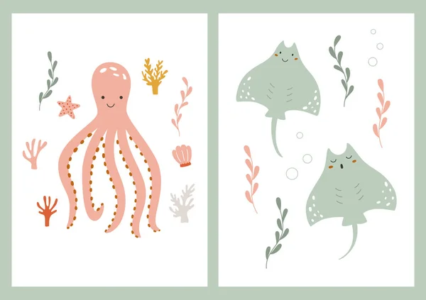 Children Set Posters Octopuses Stingrays Vector Illustration Flat Animal Characters — Vettoriale Stock