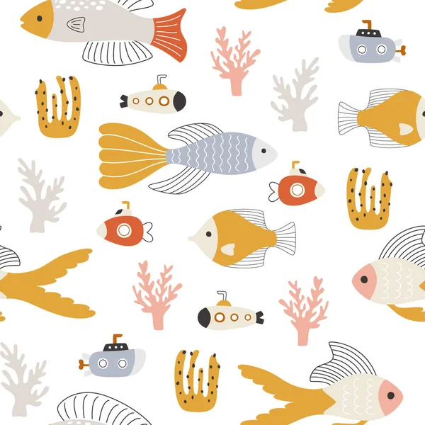 Marine Seamless Pattern Swimming Fish Submarines Corals White Background Vector — 图库矢量图片