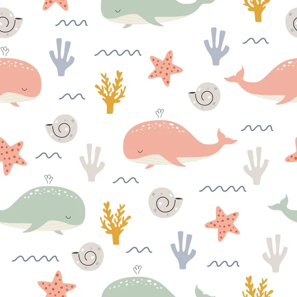 Pink Mint Whales White Background Corals Seashells Vector Seamless Pattern — 图库矢量图片