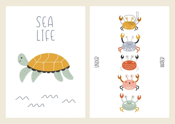 Cute Set Marine Posters Underwater Animals Vector Illustrations Turtles Crabs — 图库矢量图片