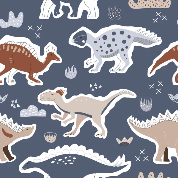 Kinderen Naadloos Patroon Met Hand Getekend Grappige Dinosaurussen Creatieve Vector — Stockvector