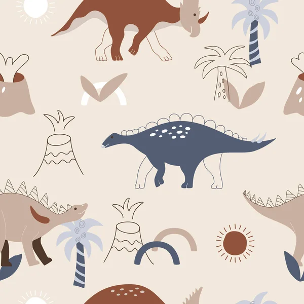 Childish Print Hand Drawn Dinosaur Wuerhosaurus Kentrosaurus Xenoceratops Cute Seamless — Image vectorielle