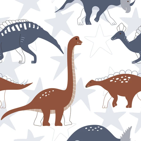 Cute Baby Dinosaurs Blue Stars Vector Seamless Pattern Playful Animals — Διανυσματικό Αρχείο