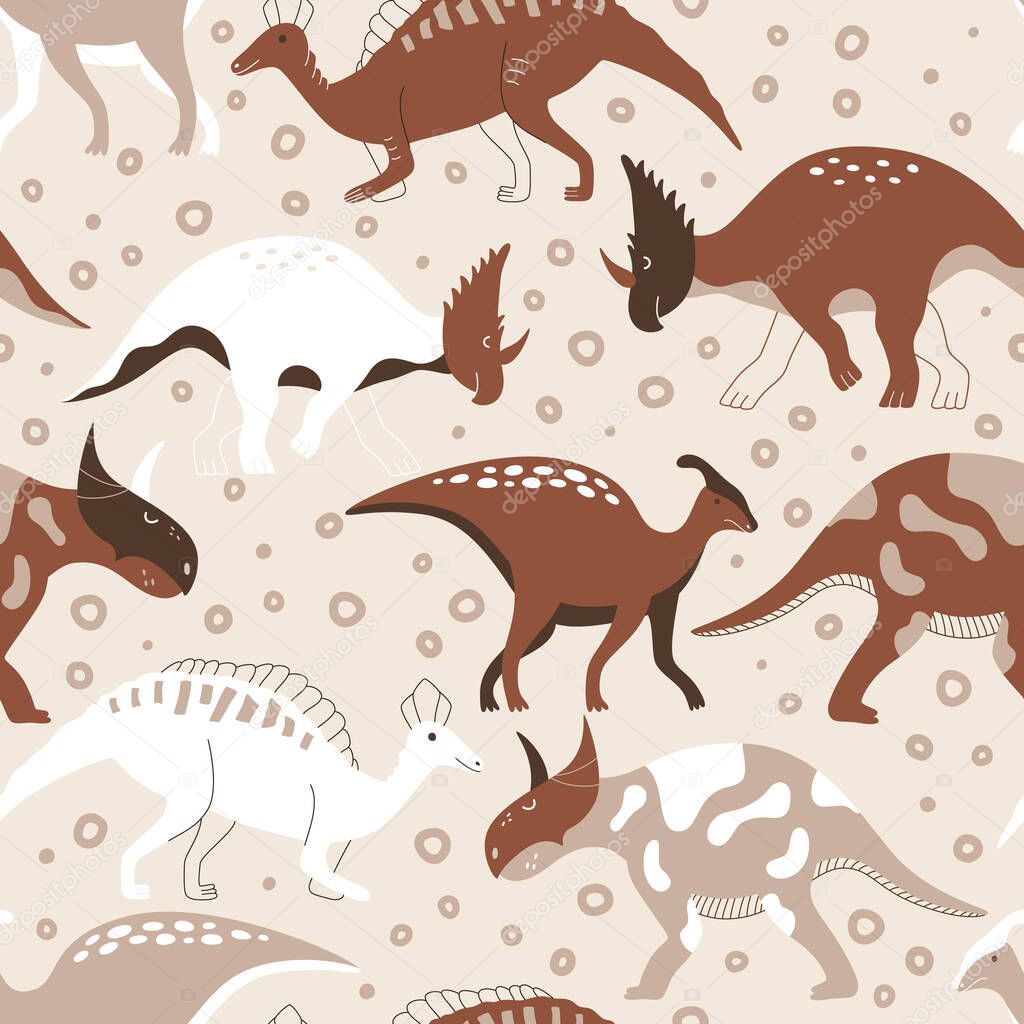 Jurassic wild dinosaurs on a beige background. Seamless pattern with animals for fabric and wallpaper.