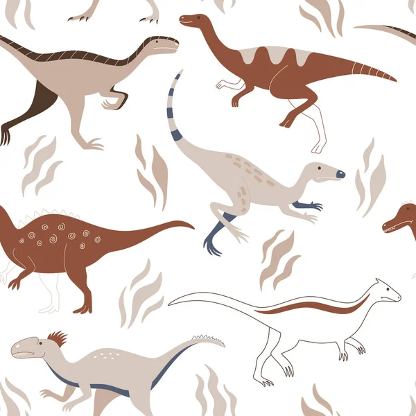 Cute Dinosaurs White Background Run Plants Seamless Pattern Wild Prehistoric — Stockvector