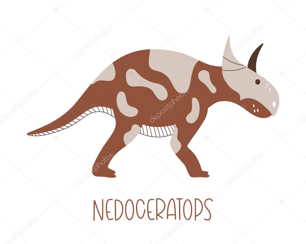 Wild prehistoric dinosaur nedoceratops isolated on white background. Vector illustration of doodle animal.