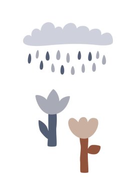 Cute minimalist poster with simple doodle flowers and rain cloud. Vector illustration isolated for print or greeting card