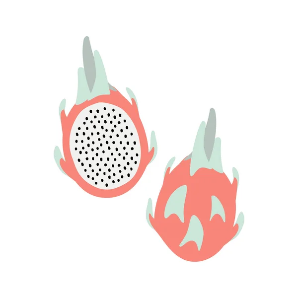 Fresh whole and half sliced pink pitaya fruits isolated. Organic fruit in flat simple style. Vector illustration of summer fruits 