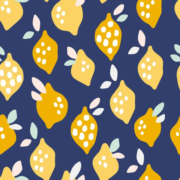 Fresh yellow vector lemons on blue background. Summer design in Hand drawn style. Seamless pattern with citrus fruits for wallpaper or fabric 