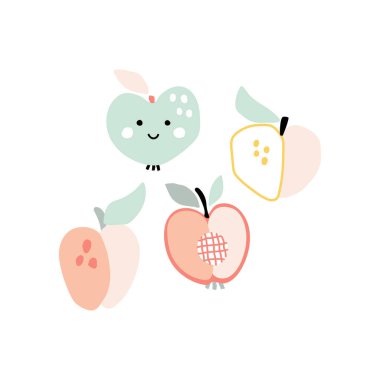 Şeftali ve yaprakların vektör seti. Yarısı, dilimlenmiş ve şeftali, nektarin, kayısı ya da elma şeklinde. Meyve beyaz arkaplanda izole edilmiştir. 