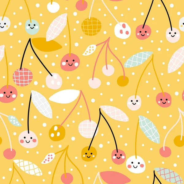 Cheerful Cute Smiling Cherries Yellow Background Vector Seamless Pattern Colorful — Stock Vector