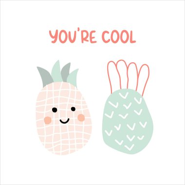 Beyaz arka planda izole edilmiş bir dizi şirin el çizimi ananas. Poster veya baskı için vektör illüstrasyon dekoratif ananas meyvesi 