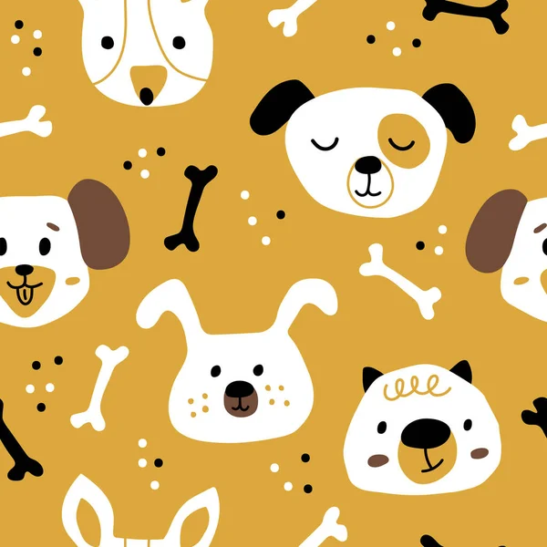 İskandinav tarzında sarı arka planda sevimli köpek yüzleri var. Evcil hayvanlı kusursuz çocuklar. Parmak izi soyunma odası, çocuk odası, duvar kağıdı, ambalaj kağıdı ya da kumaş için ideal..