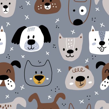 İskandinav tarzında gri arka planda soyut unsurlarla sevimli köpek yüzleri var. Evcil hayvanlı kusursuz çocuklar. Parmak izi soyunma odası, çocuk odası, duvar kağıdı, ambalaj kağıdı ya da...