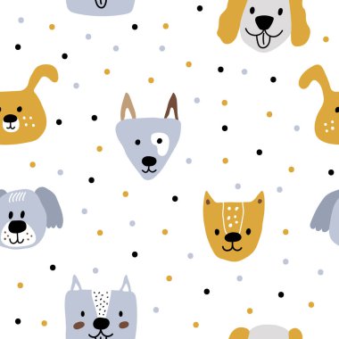 Üzerinde noktalar olan beyaz bir arka planda İskandinav el çizimi köpekleri. Moda olmayan model vektör arka planı. Çocuk kıyafetleri, kumaş, tekstil, kreş, ambalaj kağıdı için ideal