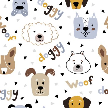 Beyaz arka planda yazı ve tasarım elementleri olan köpeklerin yüzleri. Evcil hayvanlarda kusursuz vektör deseni. Çocuklar duvar kâğıdı ya da hayvanlarla çocuk odası için baskı yapıyorlar.
