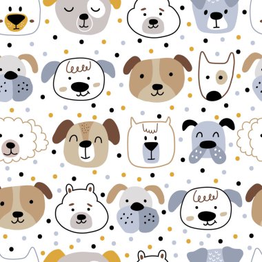 Üzerinde noktalar olan beyaz bir arka planda İskandinav el çizimi köpekleri. Evcil hayvanlı kusursuz çocuklar. Parmak izi soyunma odası, çocuk odası, duvar kağıdı, ambalaj kağıdı ya da kumaş için ideal..