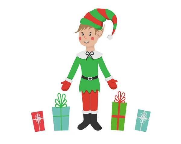 Weihnachtsillustration Einer Elfe Mit Geschenken Ein Kind Elfenkostüm Vektorbild — Stockvektor
