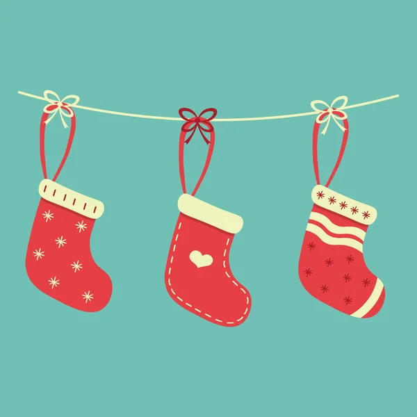 Illustration Von Weihnachtsstrümpfen Auf Einem Seil Mit Schleife Neujahrsüberraschungen Socken — Stockvektor