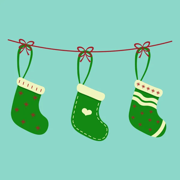 Illustration Von Weihnachtsstrümpfen Auf Einem Seil Mit Schleife Neujahrsüberraschungen Socken — Stockvektor