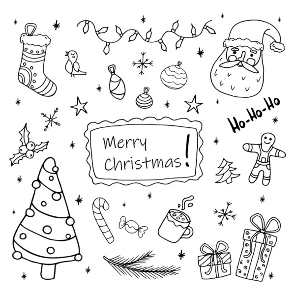 Illustrazione Sul Tema Del Nuovo Anno Stile Doodle Set Natale — Vettoriale Stock