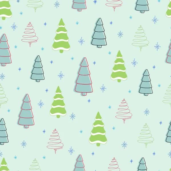 无缝隙的圣诞图案 圣诞树和雪花 冬天的森林 以涂鸦风格制作的矢量圣诞图像 — 图库矢量图片