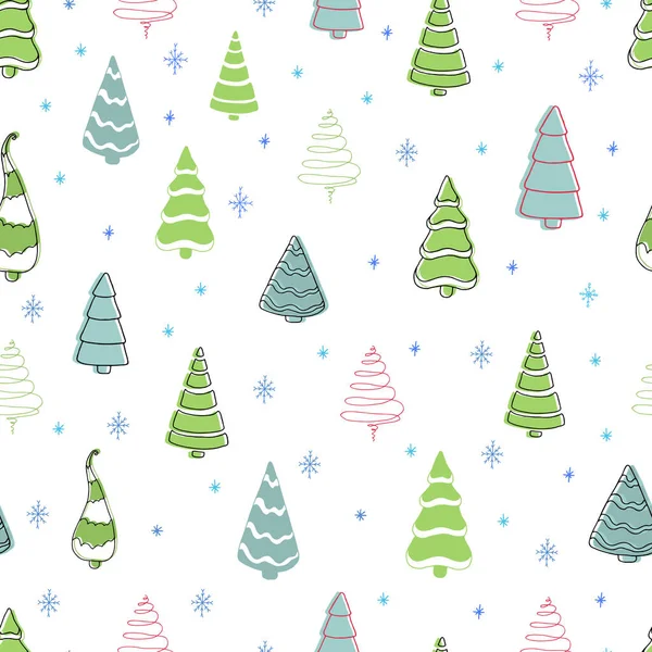 无缝隙的圣诞图案 圣诞树和雪花 冬天的森林 以涂鸦风格制作的矢量圣诞图像 — 图库矢量图片