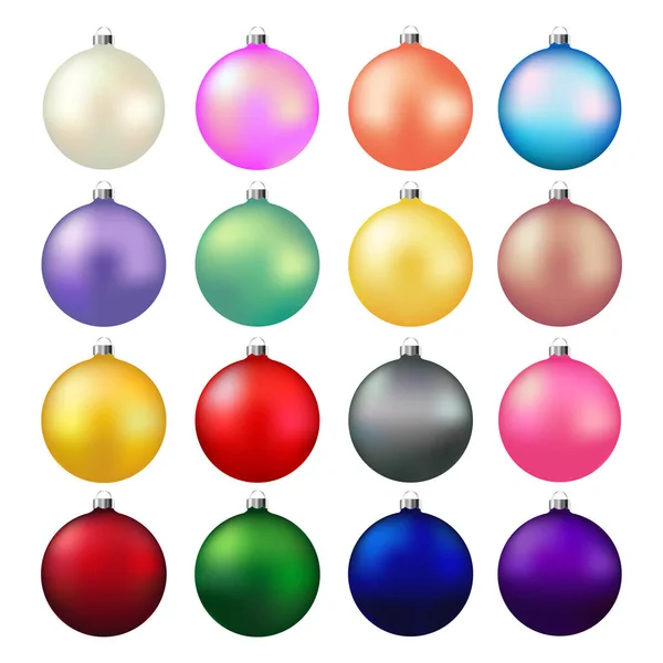 Conjunto Bolas Navidad Colores Rojo Verde Azul Púrpura Perla Metal — Vector de stock