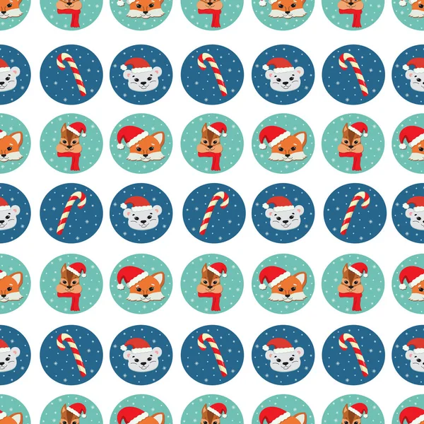 圣诞无缝图案 有可爱的动物脸 戴着圣诞帽 北极熊和花栗鼠 糖果手杖和雪花 矢量图像 — 图库矢量图片