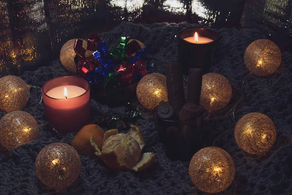 Christmas Still Life Sweets Two Candles Garland Form Balls Woven — Stock Photo, Image